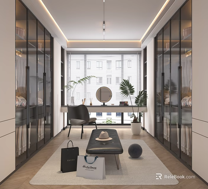 Modern Walk In Closet Interior With Glass Cabinets Desk And Plants 3d model 