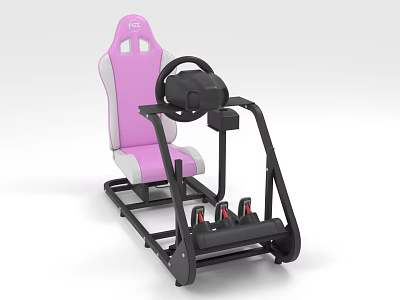 Racing Simulator Single Chair With Pink White Seat And Black Steering Wheel Pedals 3d model