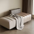 Modern Beige Tufted Bench With Plaid Blanket In Elegant Room Interior