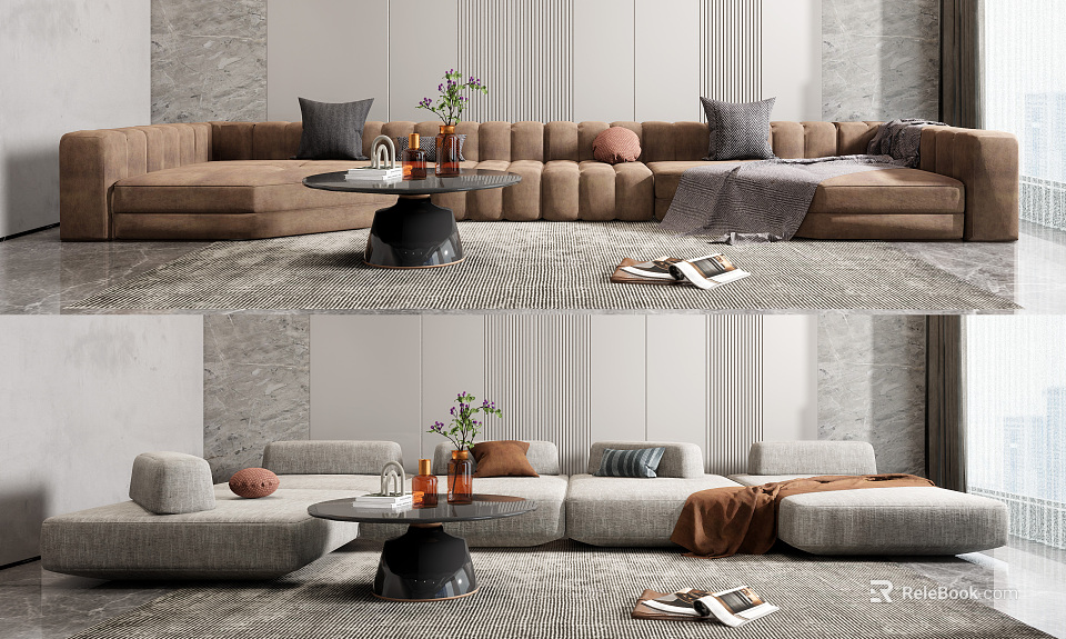 Modern Sectional Sofa With Decorative Pillows Coffee Table Vase Books And Area Rug 3d model 