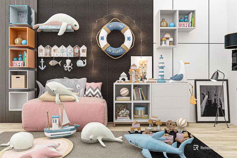 Cute Plush Whale Turtle Shark Dolls in Kids Room With Boat Lighthouse Decor 3d model 