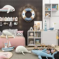 Cute Plush Whale Turtle Shark Dolls in Kids Room With Boat Lighthouse Decor