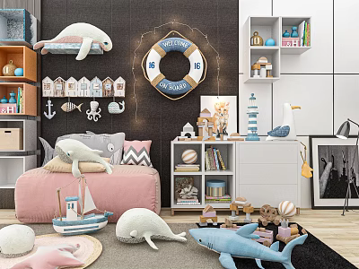 Cute Plush Whale Turtle Shark Dolls in Kids Room With Boat Lighthouse Decor 3d model
