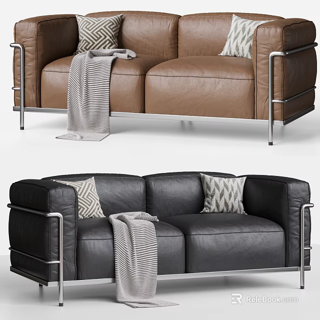 Brown and Black Leather Two-Seater Sofa with Metal Frame Throw Blanket and Accent Pillows 3d model 