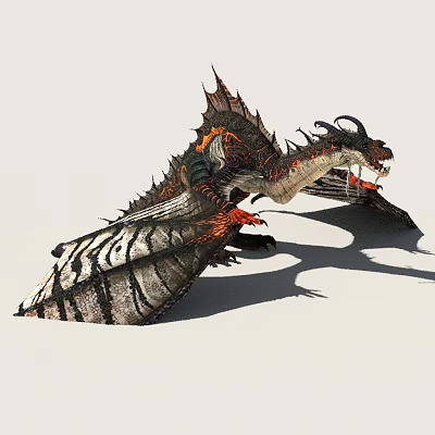 Fantasy Dragon Creature With Spiked Body Orange Accents And Striped Wings 3d model