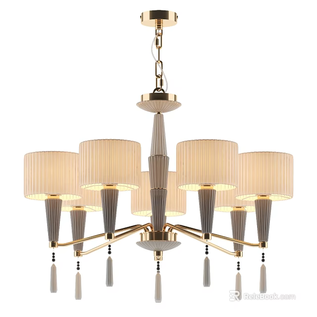 Modern Elegant Chandelier With Golden Frame Multiple Arms And Cream Pleated Shades 3d model 