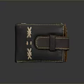 Dark Brown Leather Wallet With Strap Closure And Embroidery Stitching Details