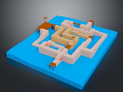 3D Maze Landscape With Blue Water Base Beige Paths And Brown Pavilions 3d model