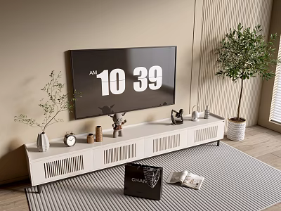 Modern White TV Stand With TV Decorative Clock Vase And Potted Plant On Rug 3d model