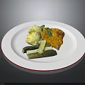 Crispy Fried Chicken Breast With Mashed Potatoes Pickles And Fresh Vegetables On White Plate