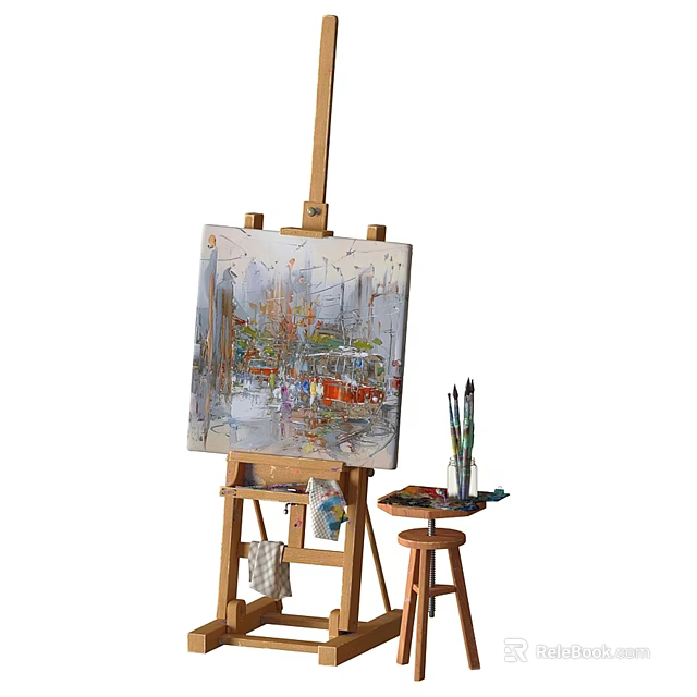 Wooden Art Easel with Canvas Painting and Paintbrushes on Stool 3d model 