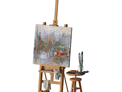 Wooden Art Easel with Canvas Painting and Paintbrushes on Stool 3d model