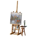 Wooden Art Easel with Canvas Painting and Paintbrushes on Stool