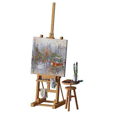 Wooden Art Easel with Canvas Painting and Paintbrushes on Stool 3d model