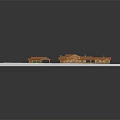 Log Building With Orange Roofs Connected Structure Green Grass And Gray Ground Area