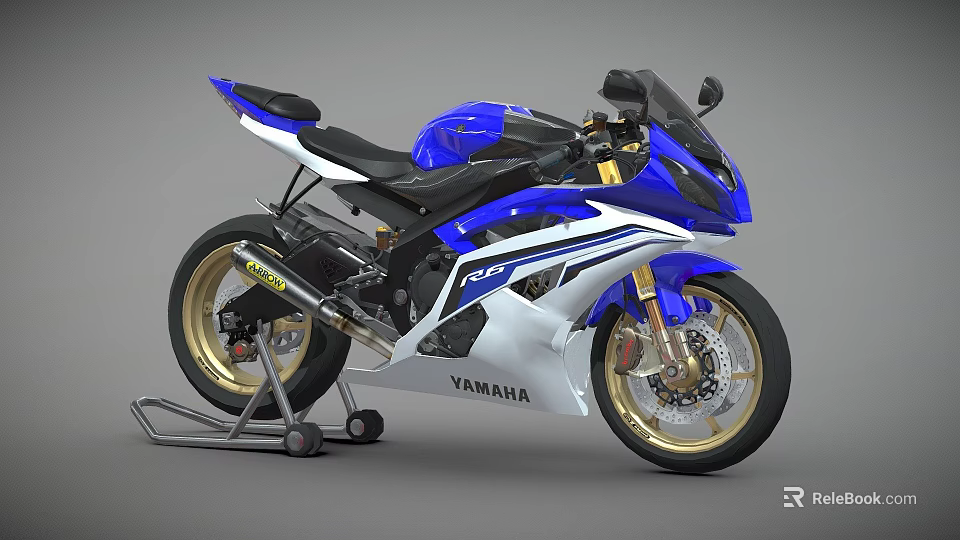Yamaha R6 Sporty Motorcycle With Blue And White Body Gold Wheels And Black Seat 3d model 