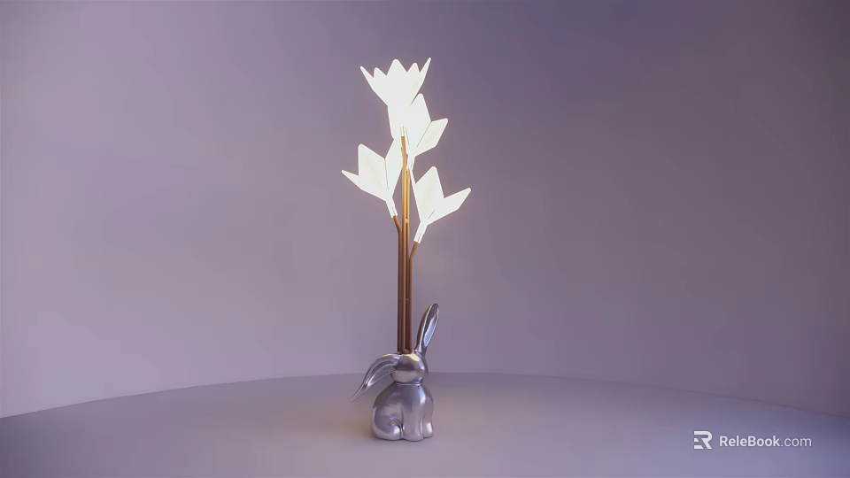 Modern Floor Lamp With White Flower Shaped Design Brown Stem And Silver Rabbit Base 3d model