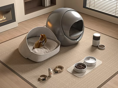 Stylish Cat Feeder And Water Bowl With Pet Bed In Modern Living Room 3d model