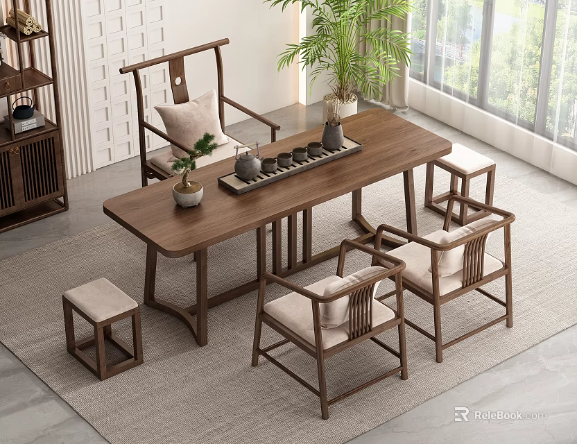 Chinese Style Wooden Tea Table Set With Matching Chairs And Stools In Bright Indoor Space 3d model 