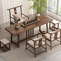 Chinese Style Wooden Tea Table Set With Matching Chairs And Stools In Bright Indoor Space