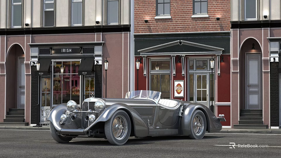 Silver Vintage Convertible Sports Car Parked On Street By Brick Building With Elias Sign 3d model 