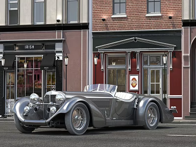 Silver Vintage Convertible Sports Car Parked On Street By Brick Building With Elias Sign 3d model