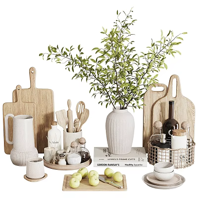 Stylish Kitchenware Collection With Wooden Cutting Boards Green Plant White Vase and Metal Basket 3d model