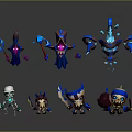 Cartoon Style Characters and Creatures With Vibrant Blue Purple Colors And Glowing Elements