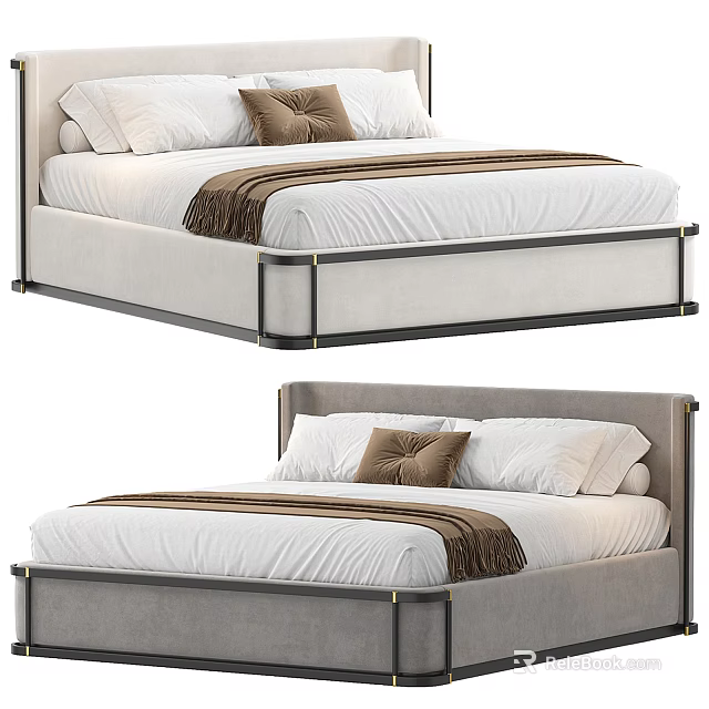 Modern Double Bed With Upholstered Headboard Metal Frame White Pillows And Brown Accent Throw 3d model 