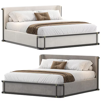 Modern Double Bed With Upholstered Headboard Metal Frame White Pillows And Brown Accent Throw 3d model
