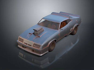 Rusty Silver Sports Car With Modified Engine On Black Background With Reflection 3d model