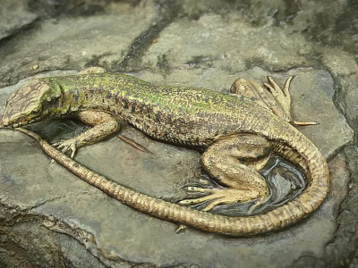 Reptile Lizard With Green Brown Scales On Natural Rock Surface Habitat 3d model