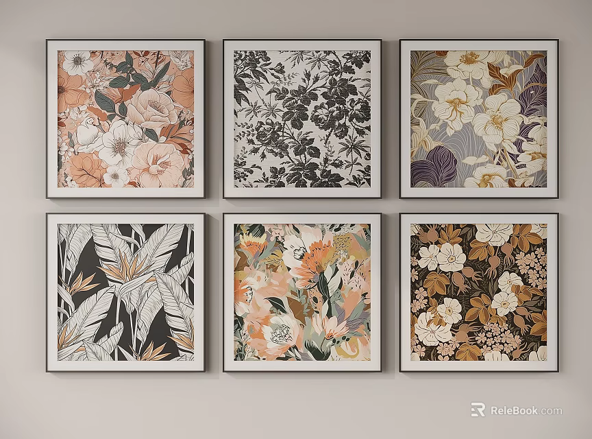 Vibrant Abstract Paintings With Floral Leaf Patterns In White Frames On Wall 3d model 
