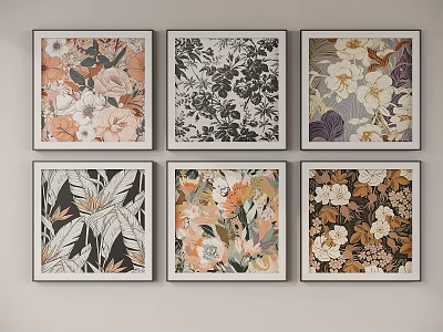 Vibrant Abstract Paintings With Floral Leaf Patterns In White Frames On Wall 3d model
