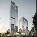 Modern High Rise Office Building Exterior With Glass Curtain Walls Urban Roads And Greenery