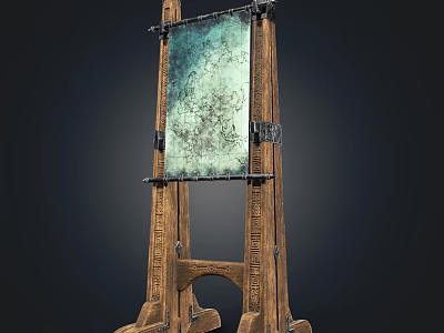 Vintage Wooden Art Supplies Easel With Green Blue Textured Canvas And Artistic Painting Tools 3d model