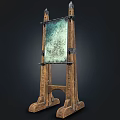 Vintage Wooden Art Supplies Easel With Green Blue Textured Canvas And Artistic Painting Tools