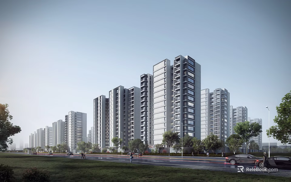 Modern High Rise Residential Buildings With Glass Curtain Walls Green Trees And Roads 3d model 