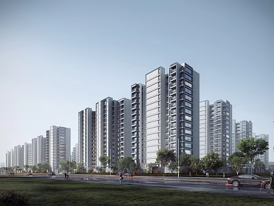 Modern High Rise Residential Buildings With Glass Curtain Walls Green Trees And Roads 3d model