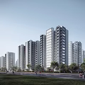 Modern High Rise Residential Buildings With Glass Curtain Walls Green Trees And Roads