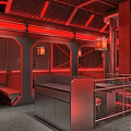 Modern Hotpot Restaurant Interior With Red Neon Lights And Decorative Metal Railings