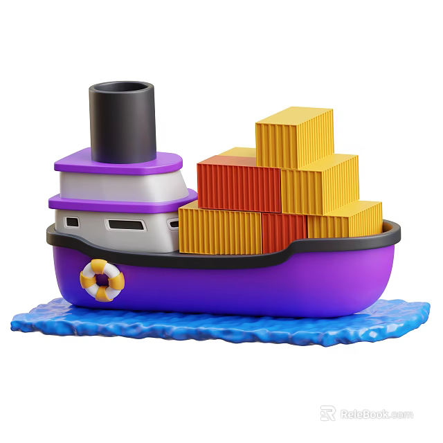 Toy Ship With Purple Hull Black Chimney And Yellow Red Containers On Blue Wave Base 3d model 