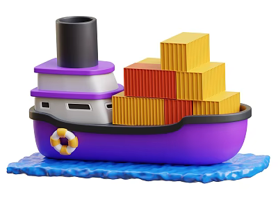 Toy Ship With Purple Hull Black Chimney And Yellow Red Containers On Blue Wave Base 3d model