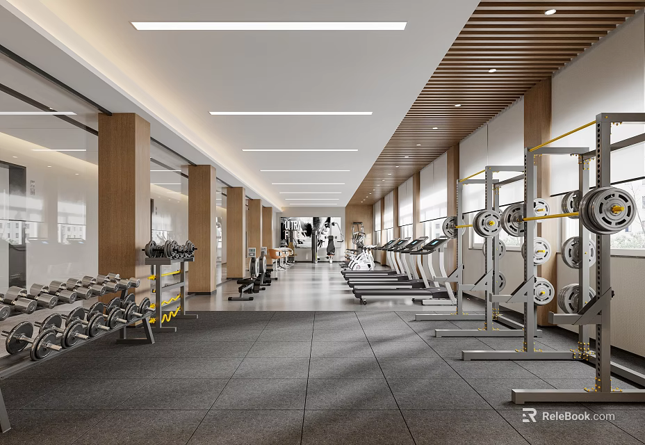 Spacious Gym Interior With Various Fitness Equipment 3d model