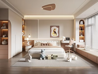 Warm Kids Room Interior Design With Comfortable Bed Stuffed Toys And Decorative Painting 3d model