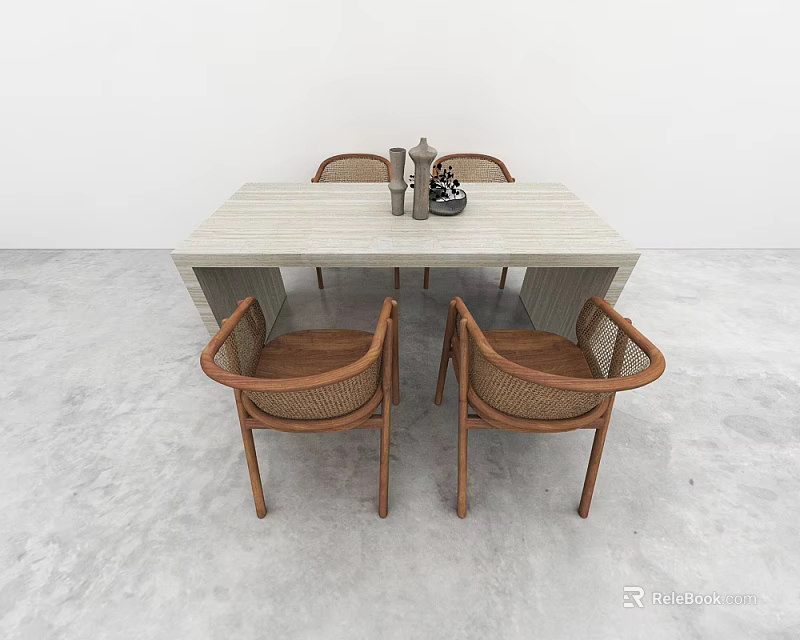 Modern Rectangular Dining Table With Rattan Backrest Wooden Chairs In Minimalist Room 3d model