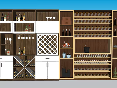 Modern Luxury Decorative Ornaments Set With Wine Racks Glasses And Wooden Storage Cabinets 3d model