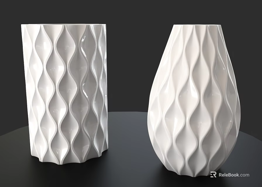 Two Decorative White Vases With Wavy Texture On Black Table 3d model 