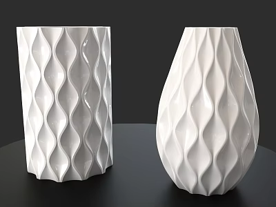 Two Decorative White Vases With Wavy Texture On Black Table 3d model