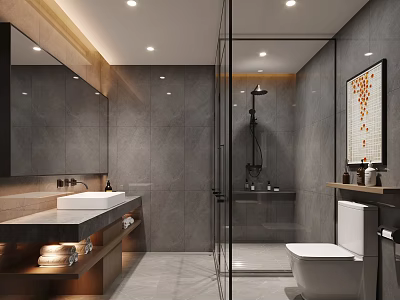 Modern Hotel Bathroom Interior With Gray Tile Walls Large Mirror Open Shower And White Toilet 3d model